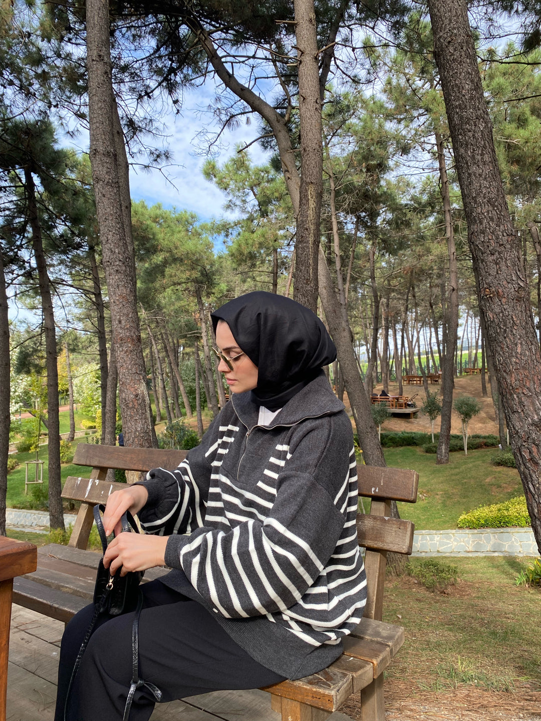 Antrasit Çizgili Oversize Triko Sweat