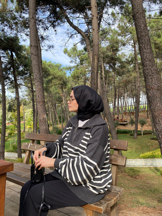 Antrasit Çizgili Oversize Triko Sweat