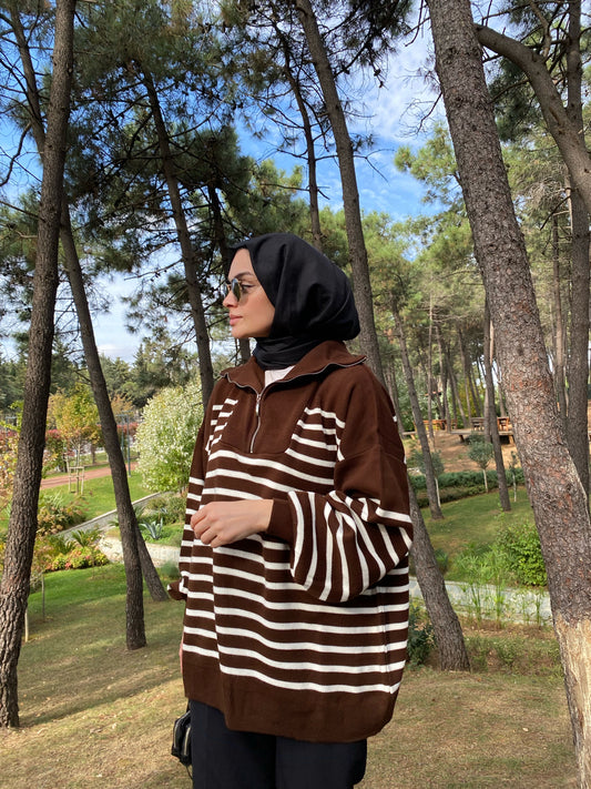 Kahverengi Çizgili Oversize Triko Sweat
