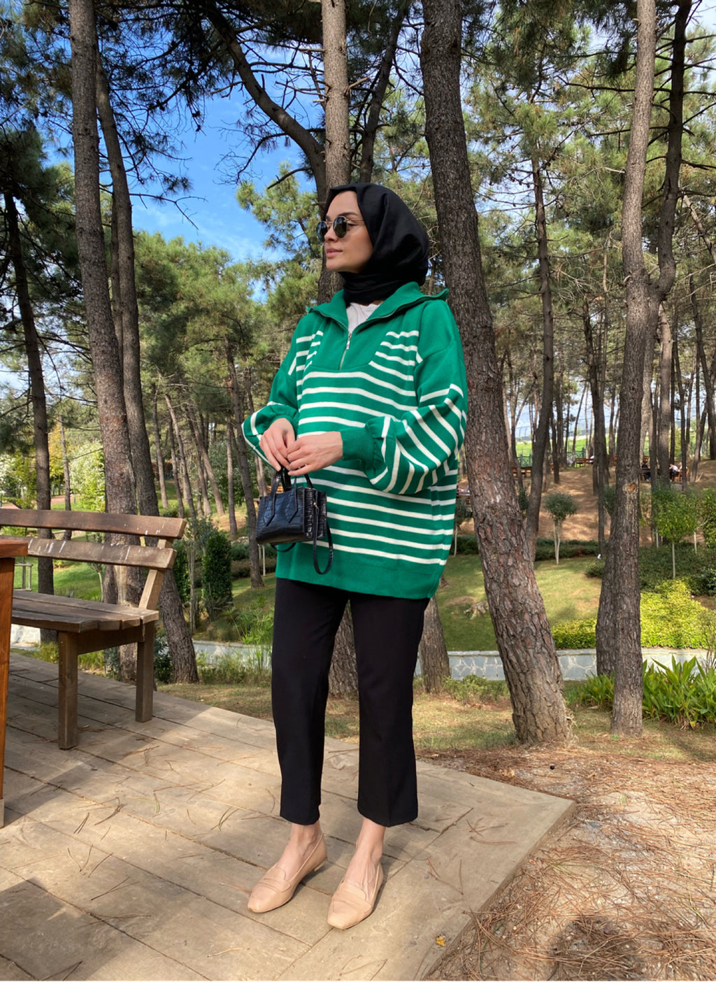 Yeşil Çizgili Oversize Triko Sweat