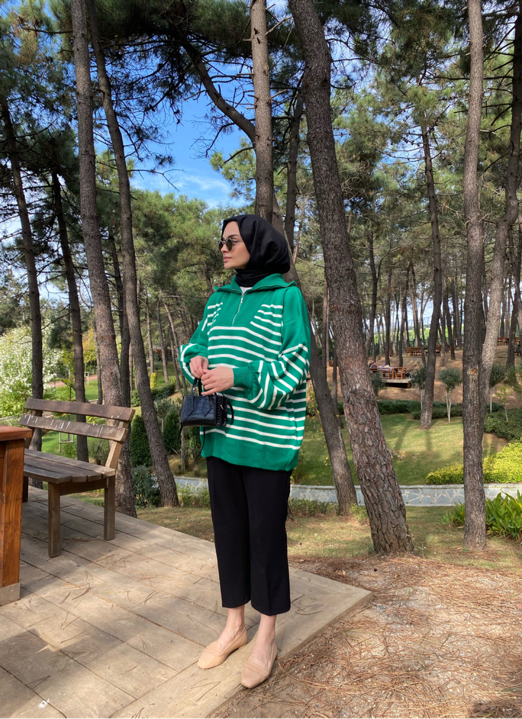Yeşil Çizgili Oversize Triko Sweat