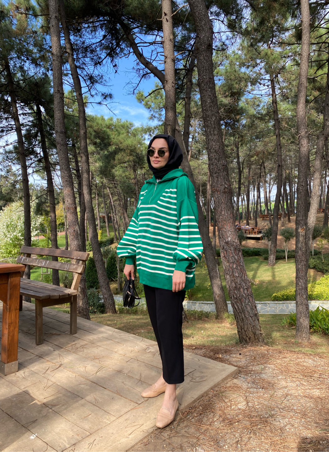 Yeşil Çizgili Oversize Triko Sweat