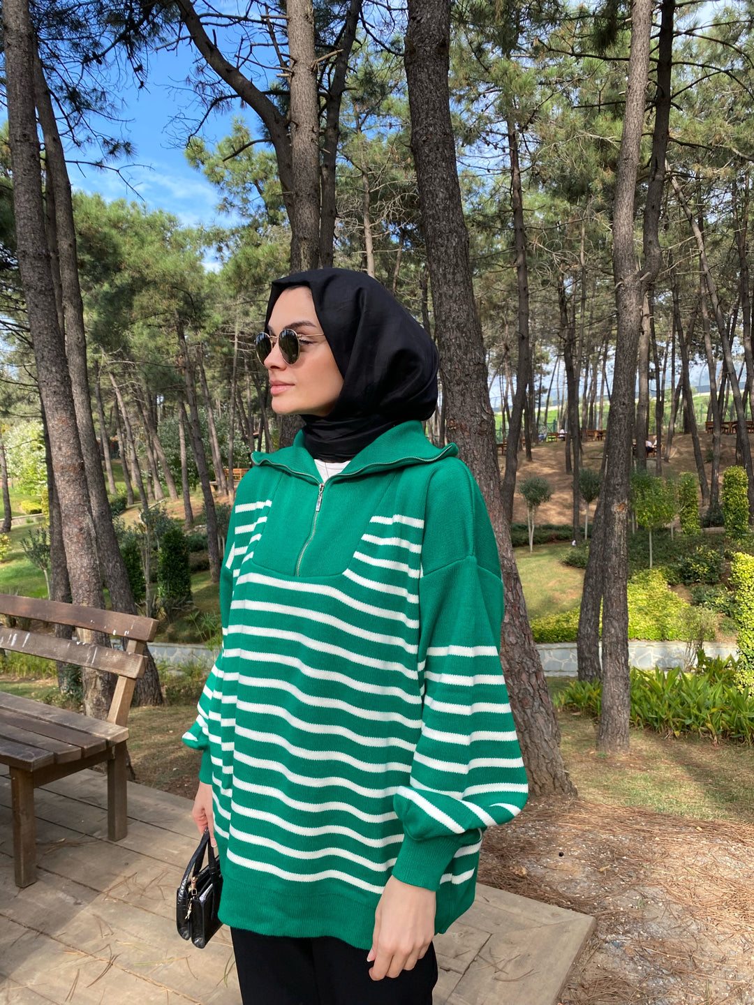 Yeşil Çizgili Oversize Triko Sweat