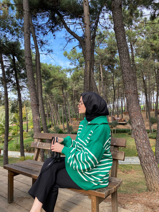 Yeşil Çizgili Oversize Triko Sweat