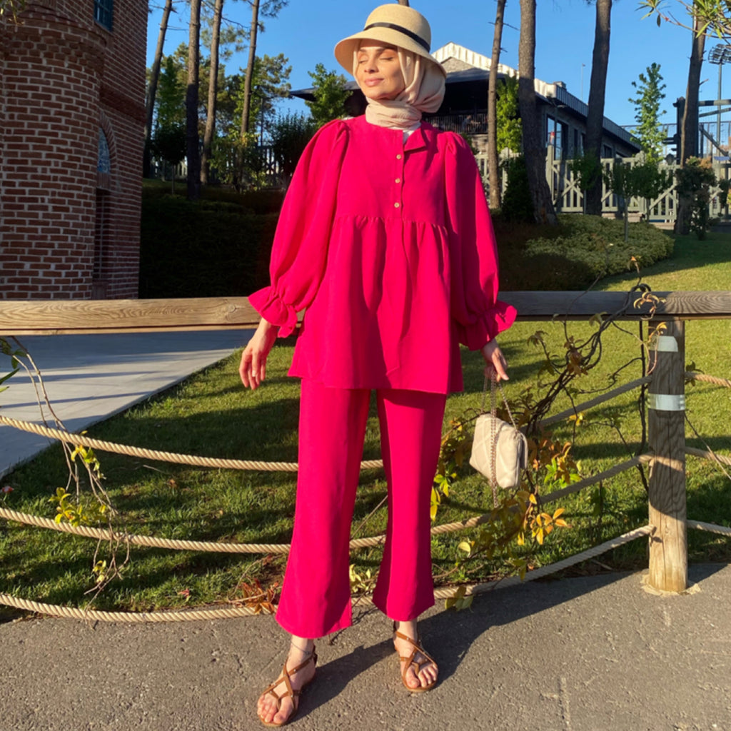 Siyah Balon Kol Takım - Fuşya