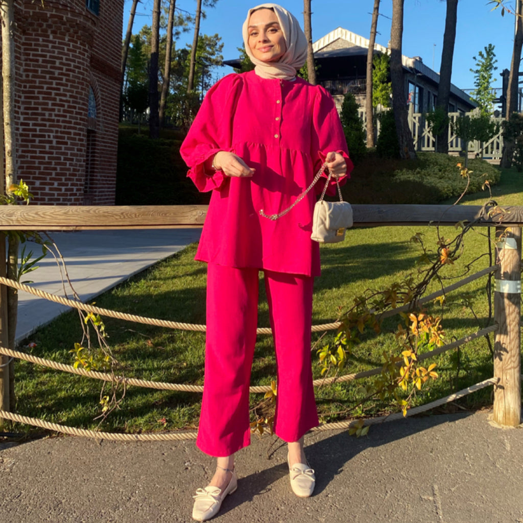 Siyah Balon Kol Takım - Fuşya