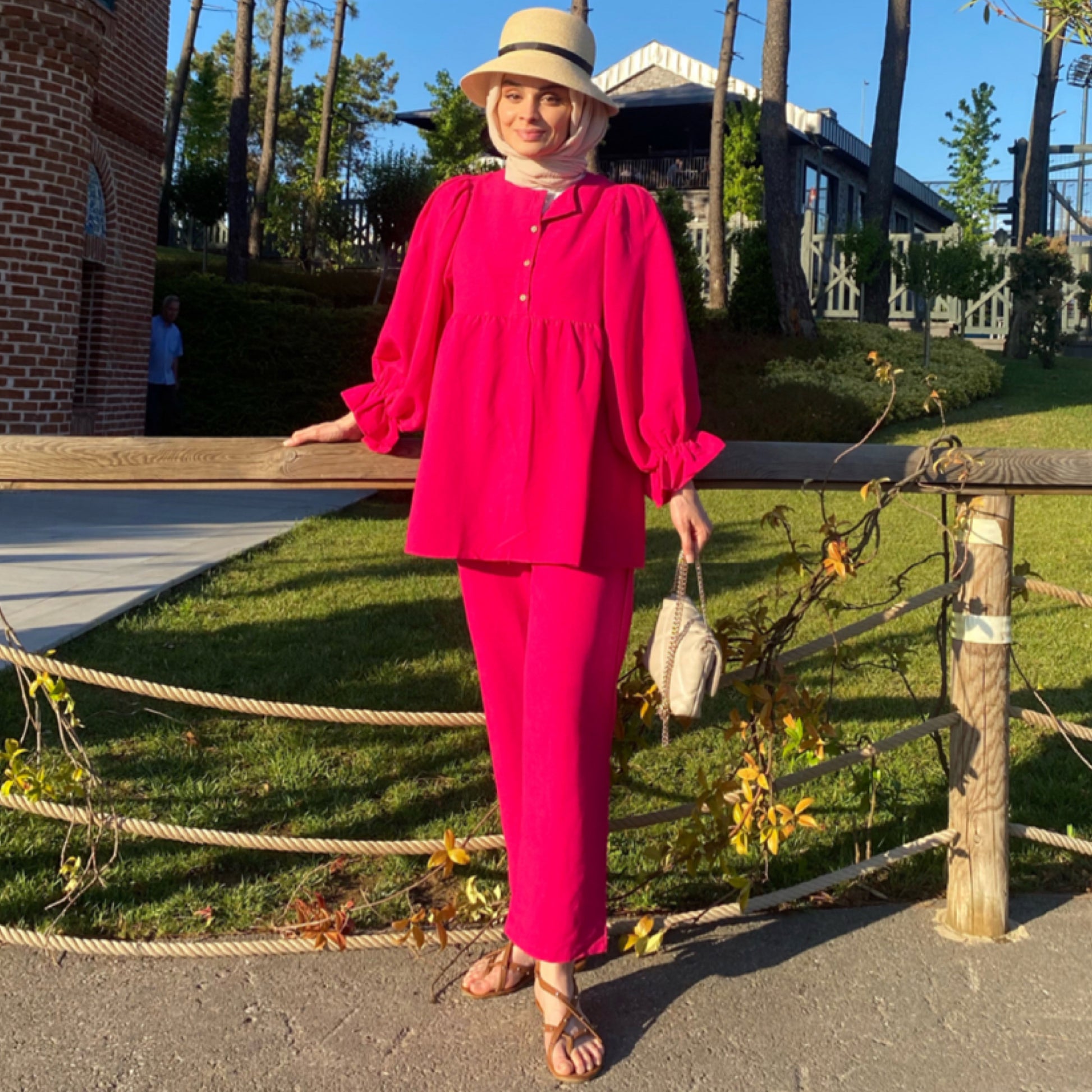 Siyah Balon Kol Takım - Fuşya