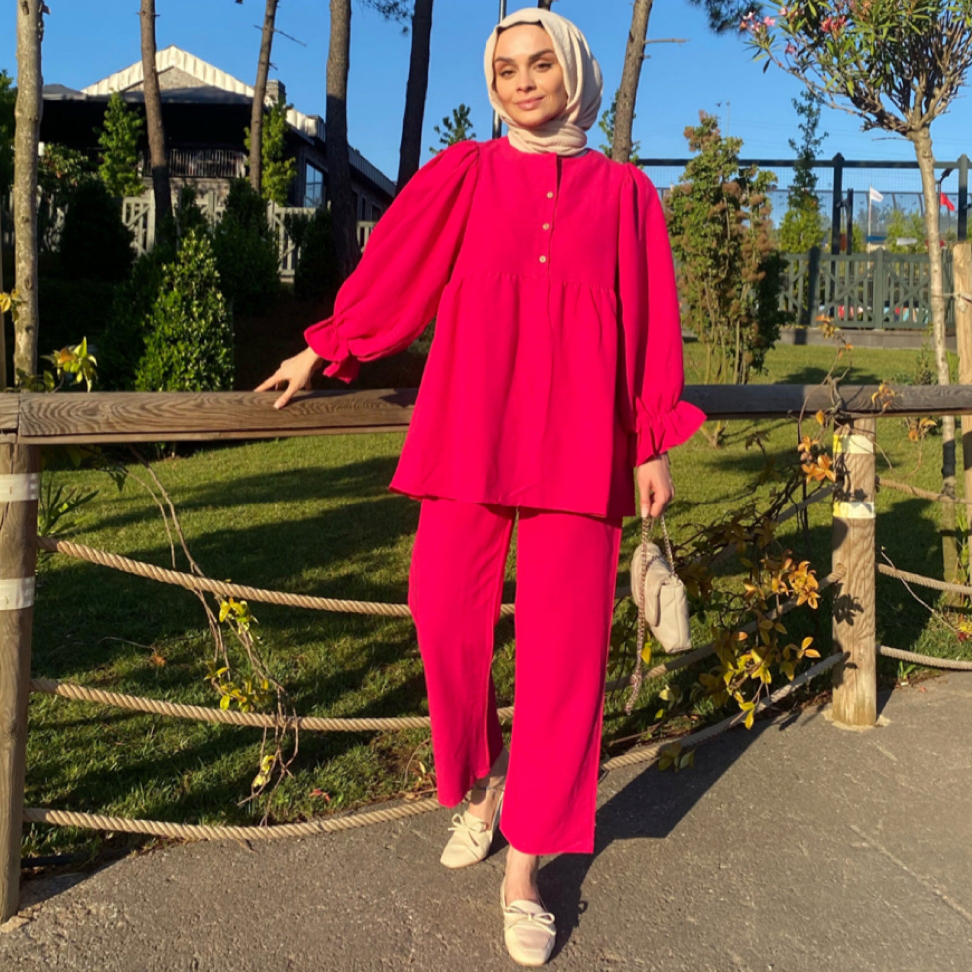 Siyah Balon Kol Takım - Fuşya