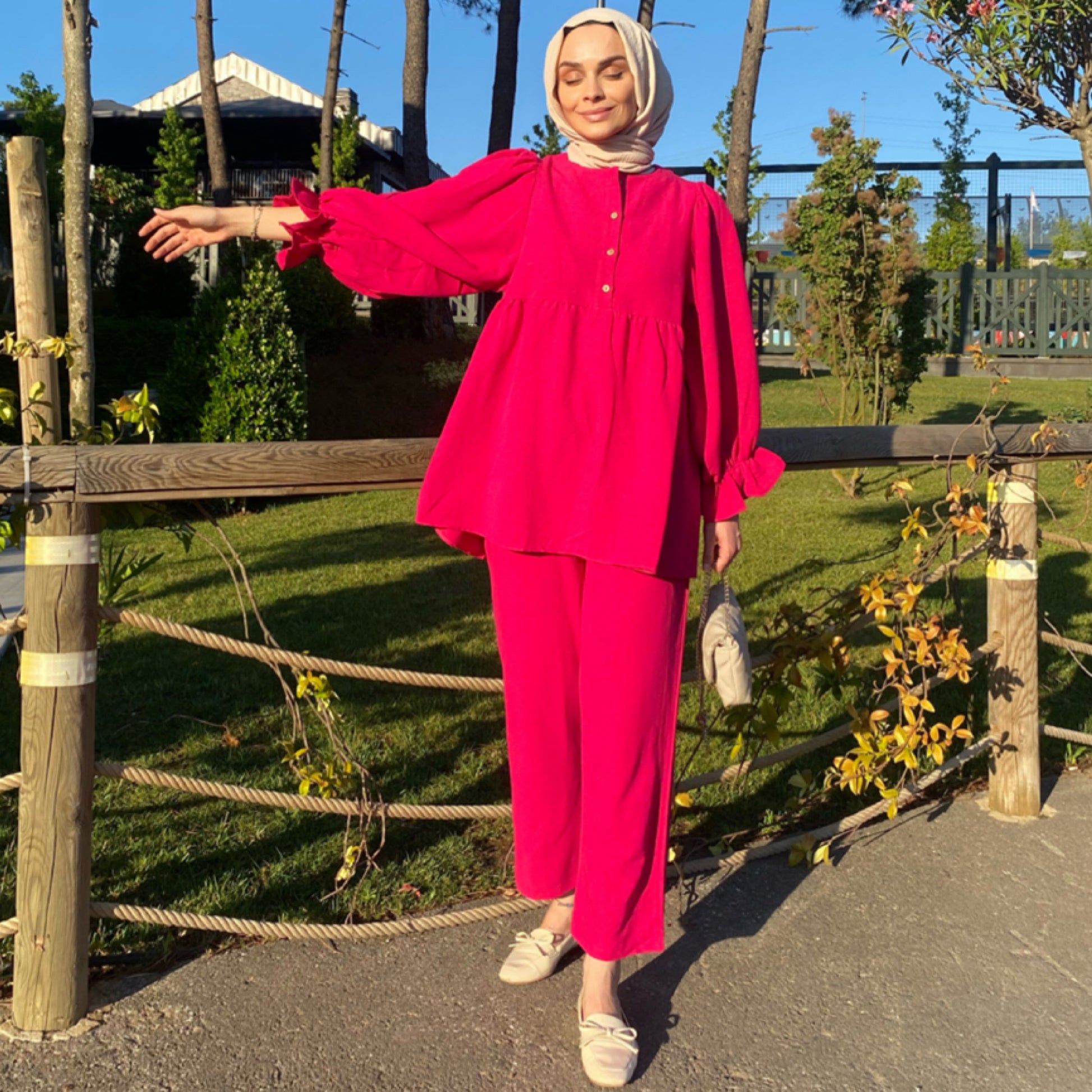 Siyah Balon Kol Takım - Fuşya