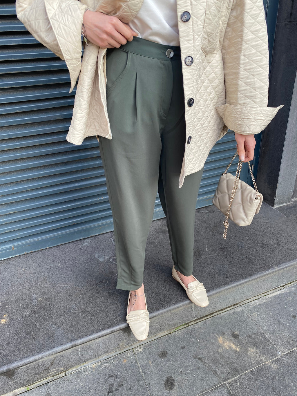 Pileli Crep Pantolon - Haki