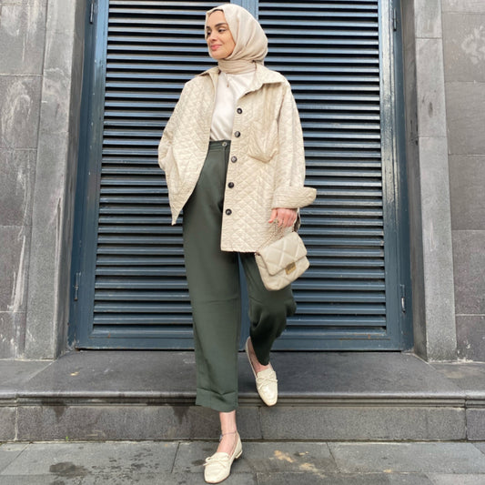 Pileli Crep Pantolon - Haki